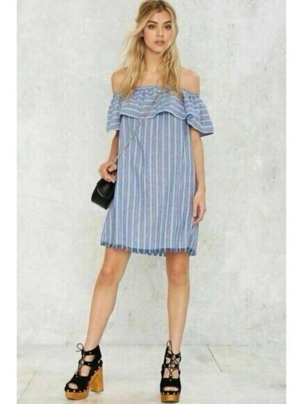 LoveRiche Linen Off Shoulder Mini A-Line Dress Blue Striped Size Small